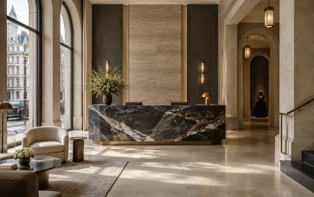 Hotel reception desk in dark veined marble
