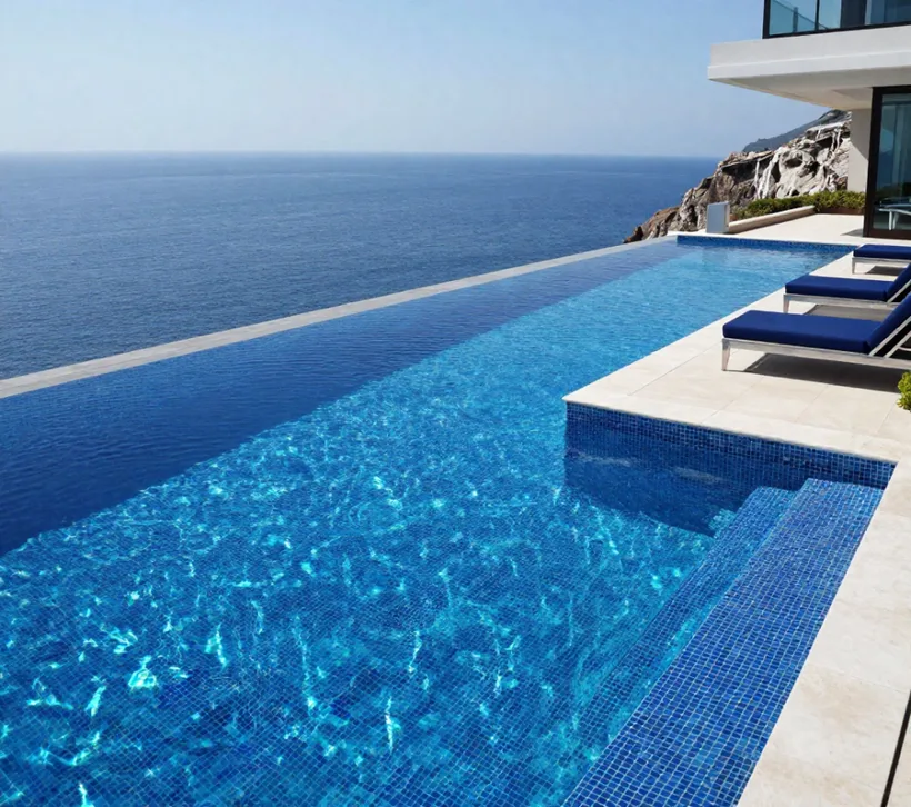 Infinity pool clad in blue stone mosaic above the sea