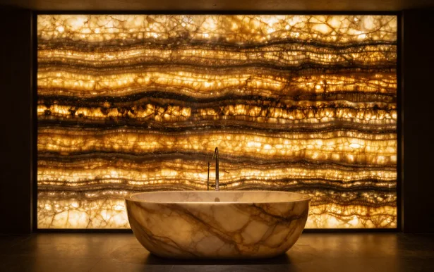 Backlit onyx wall behind a carved stone bath